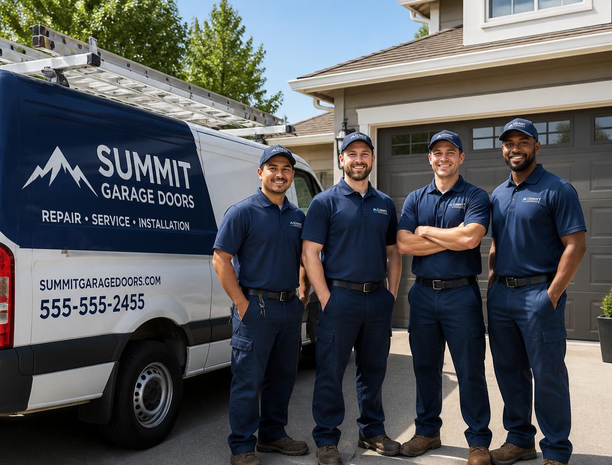 Summit Garage Doors technicians standing beside their service van